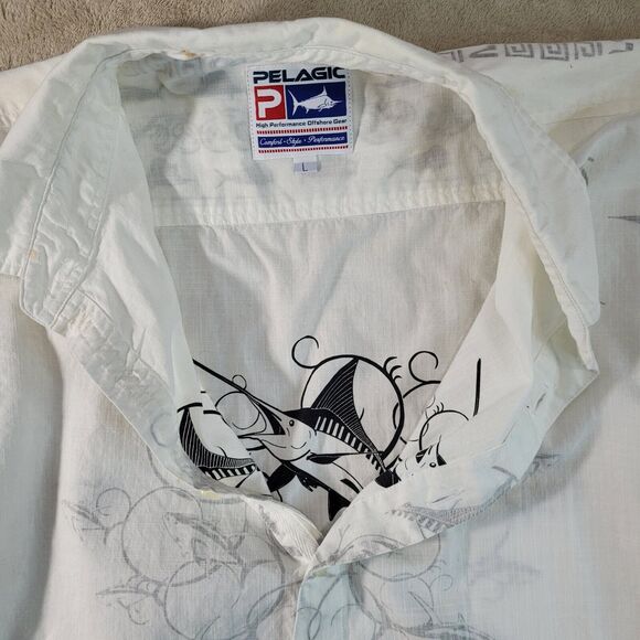Pelagic High PerformanceFish Print Hawaiian‎ Fishing & Golf Shirt Sz Large FLAWS - Picture 11 of 12